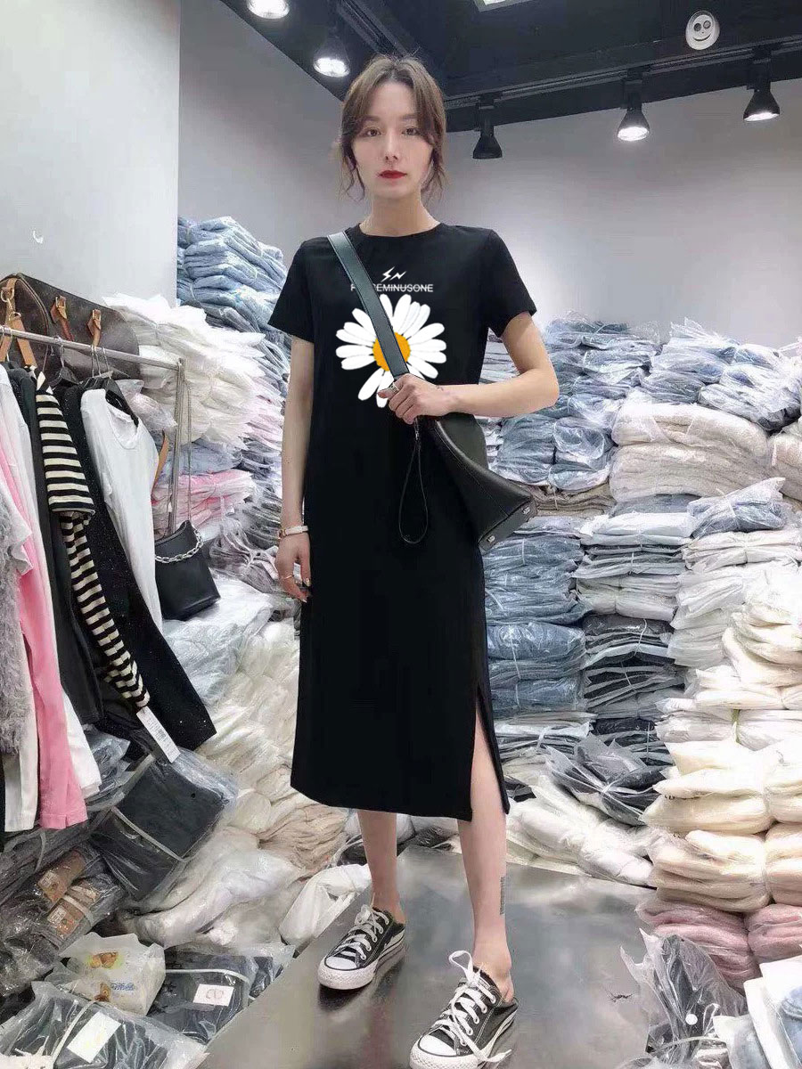 Summer mid long cute age reducing loose sunflower short sleeve women's T-shirt skirt cartoon Printed Dress