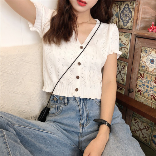 Real-price Korean version V-neck skilled knitted jacket cute fairy cardigan short T-shirt