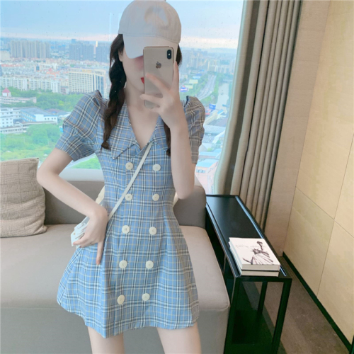 Real photo real price western style Plaid suit skirt double breasted waist Puff Sleeve Dress