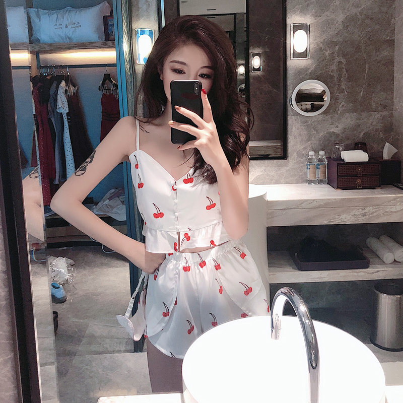 Real Cherry Printed Nightwear Three-piece Set ~Suspended Vest + Shorts + Eye Mask