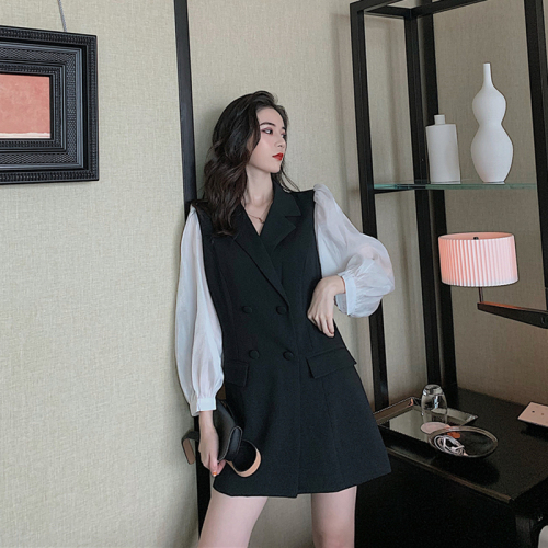 Actual autumn dress double-breasted loose and slim suit collar bubble sleeve long sleeve dress A-shaped skirt