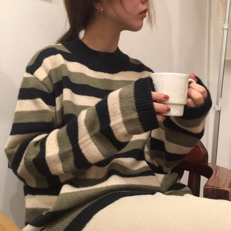 Quality Inspection South Korea Chic Mina Same Green Stripe Long Sleeve Sweater