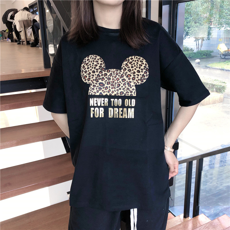 Loose medium length Hanfan Hong Kong leopard pattern Mickey letter versatile base short sleeve casual T-shirt top for women