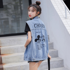 Spot denim vest women 2020 summer new mid long Mickey embroidered coat port