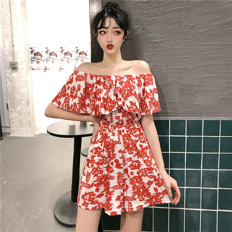 Real photo summer Ruffle one shoulder Jumpsuit women's top off shoulder and waist show thin