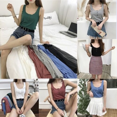 Real-price new style summer cool inside single wear beautiful pure color sleeveless button vest suspension belt