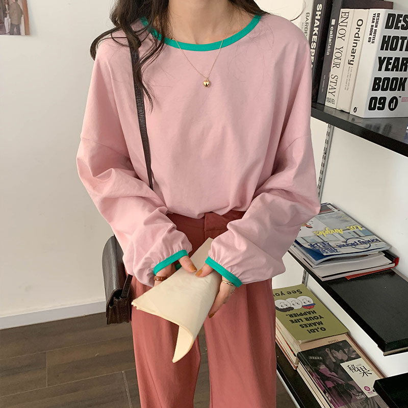 Real photo spring Korean retro college style younger, fresh, simple and versatile color contrast Long Sleeve Shirt