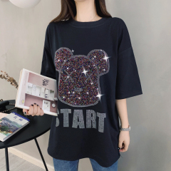 Actual photo: 6535 pull frame cotton short sleeve T-shirt women's print medium long heavy duty iron drill Mickey Mouse