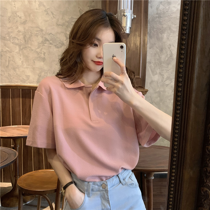 Real price! Korean simple retro texture polo shirt loose and versatile three color T-Shirt Top~