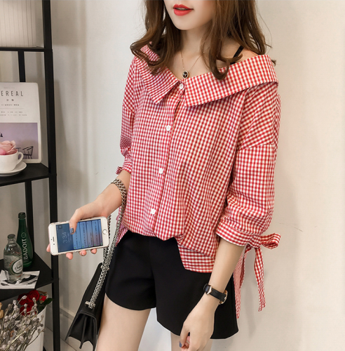 Autumn women's wear new style 2019 Korean version doll collar checked shirt, women's bow tie seven-minute sleeve blouse