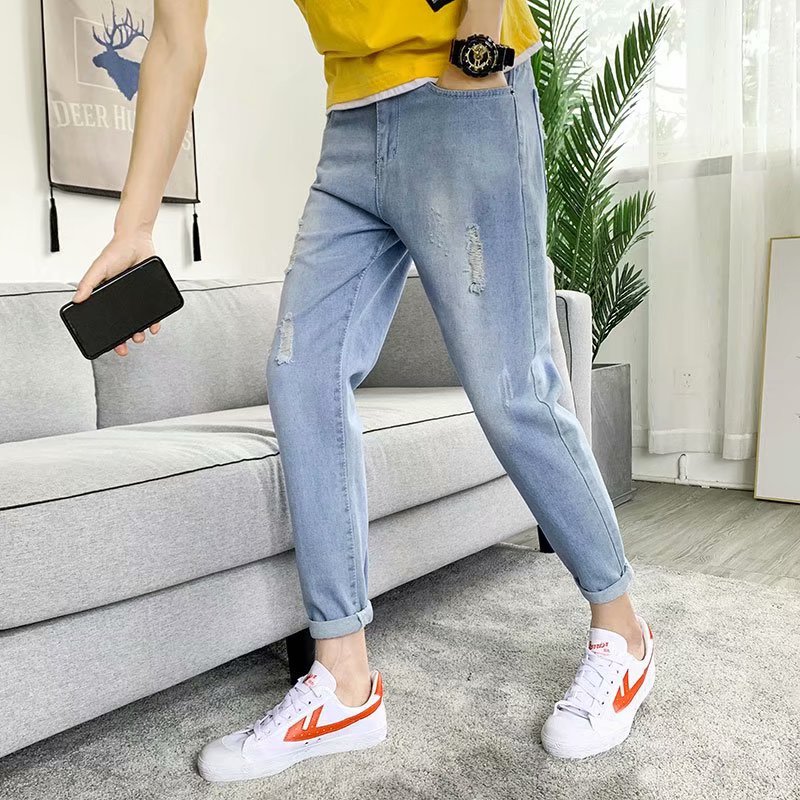Men's jeans spring and autumn slim Leggings summer straight tube loose and handsome versatile wear hole nine point casual pants