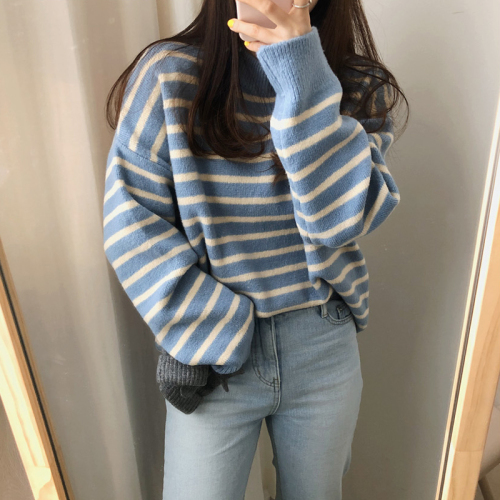 Quality inspection autumn and winter new thickened warm stripe basic half high collar long sleeve bottoming sweater
