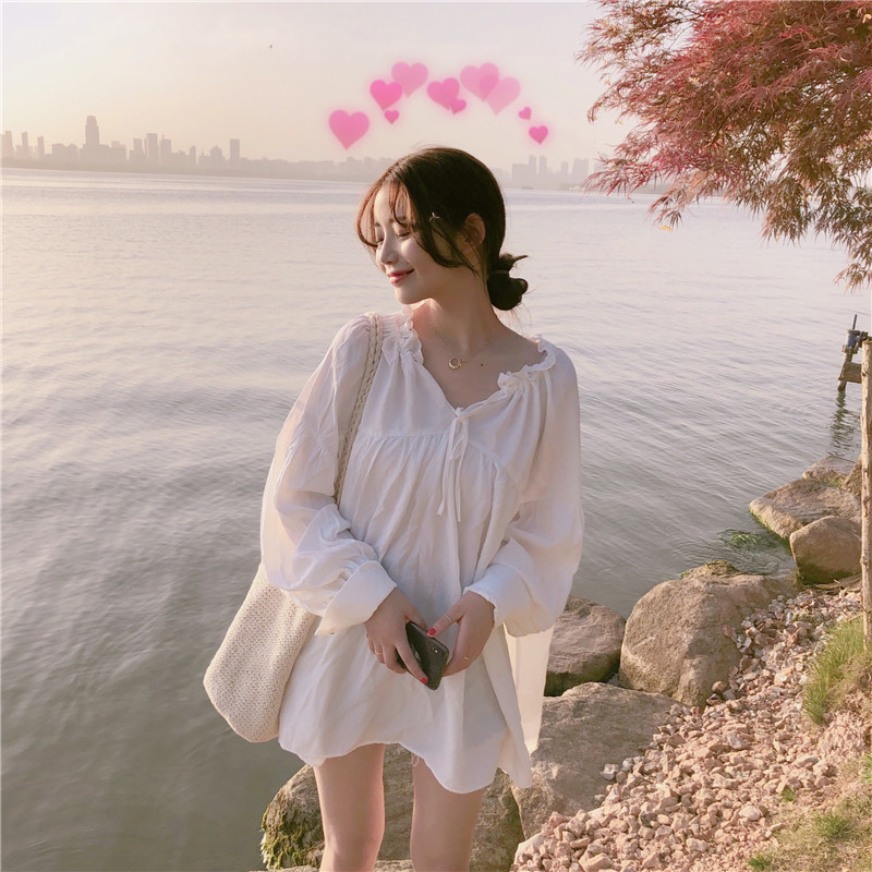 Real Price ~Fairy Sweet, Loose, Thin, White Heart Machine Design Sensory Long Sleeve Shirt Top