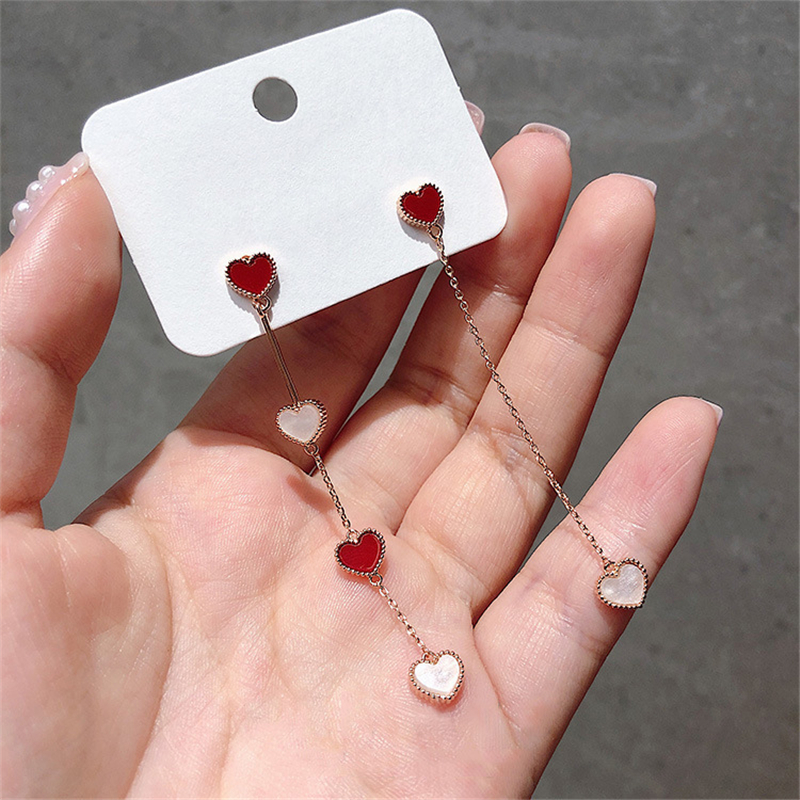 Heart-to-heart impression 925 silver needle ear nail female Japanese and Korean asymmetrical long tasseled Earrings sweet heart shape