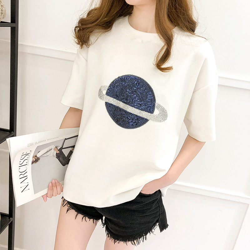Actual photo 95 cotton 5 spandex 2019 cartoon star sequins white T-shirt blouse with short sleeves