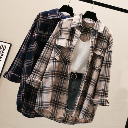 New Chequered Shirt Long Sleeve Korean Version Loose Port-flavored Retro Chic Mid-long Jacket