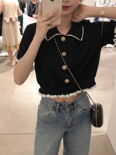 Zhenzhen's new black knitwear summer ear edge top slim short sleeve blouse women's short school style