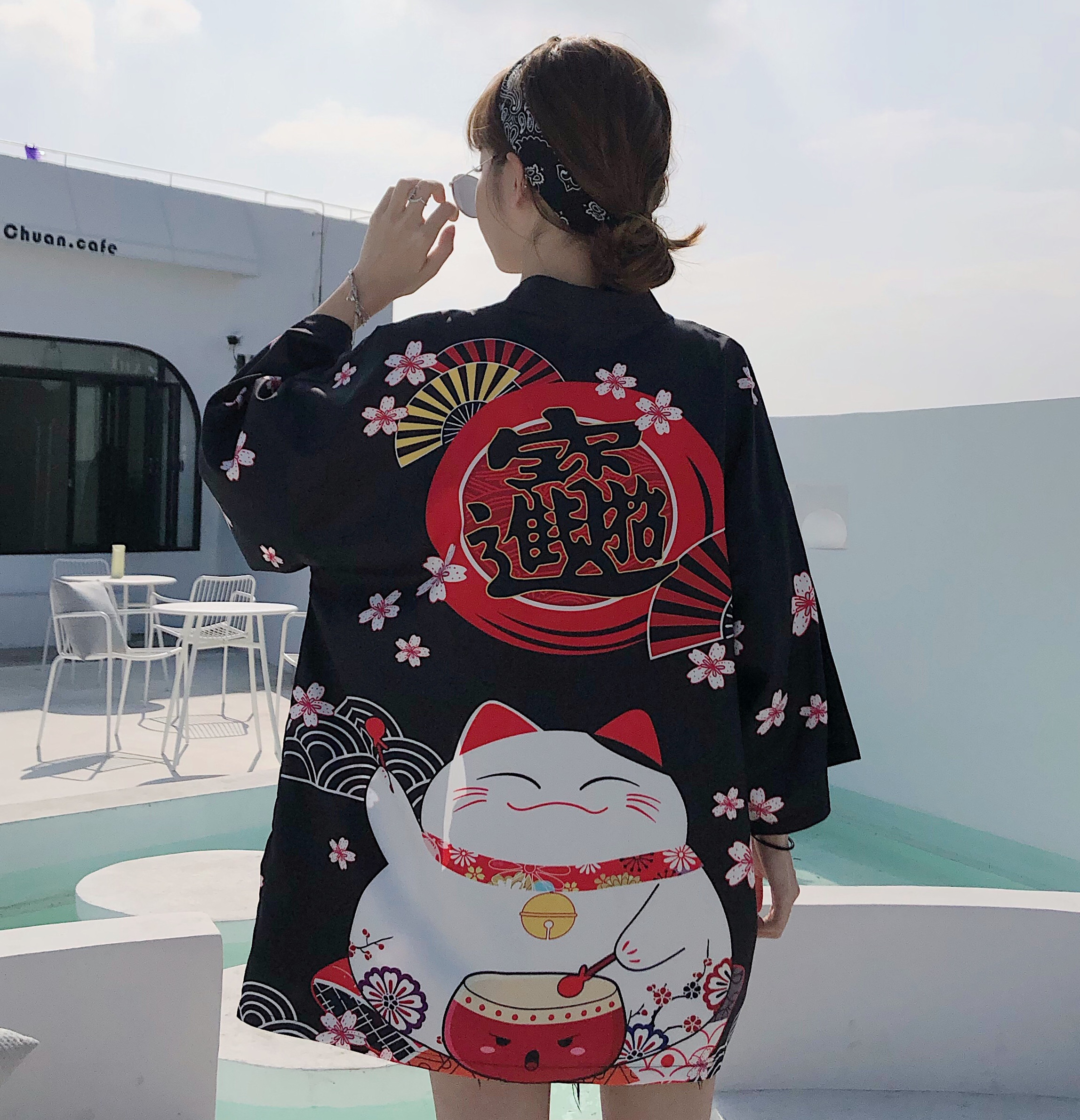 Real price real photo of Chinese style improved literature and art Zhaocai cat pattern sunscreen loose cardigan kimono coat