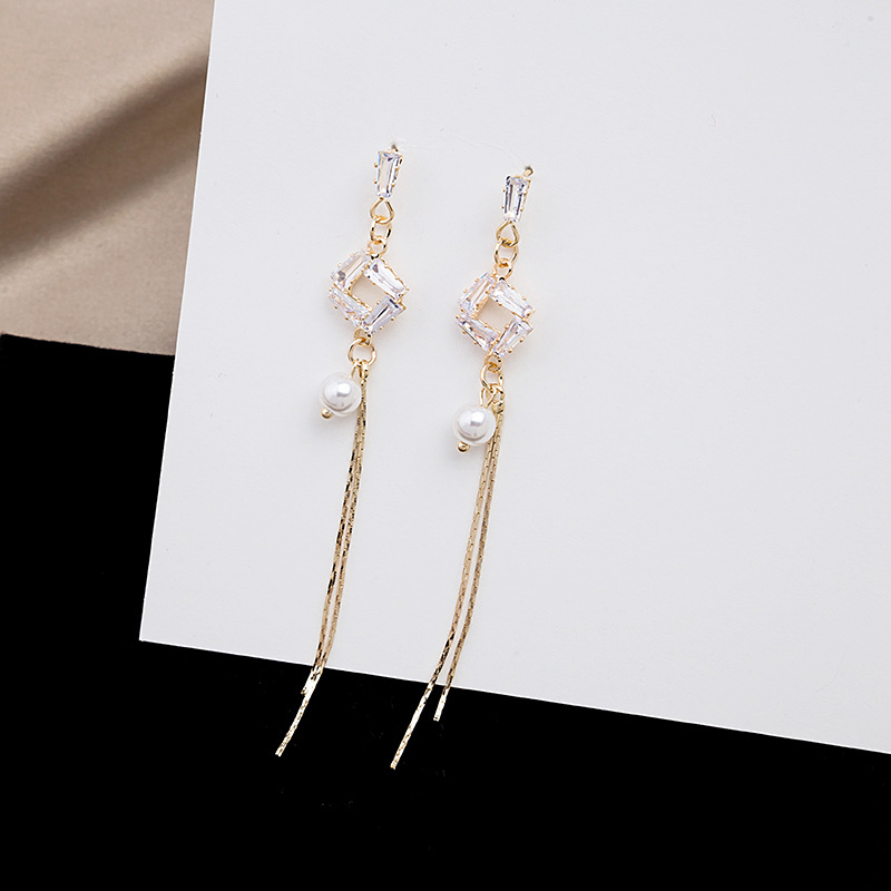 Silver needle long geometric zircon tassel earring temperament retro thin and hollow square with Diamond Earrings