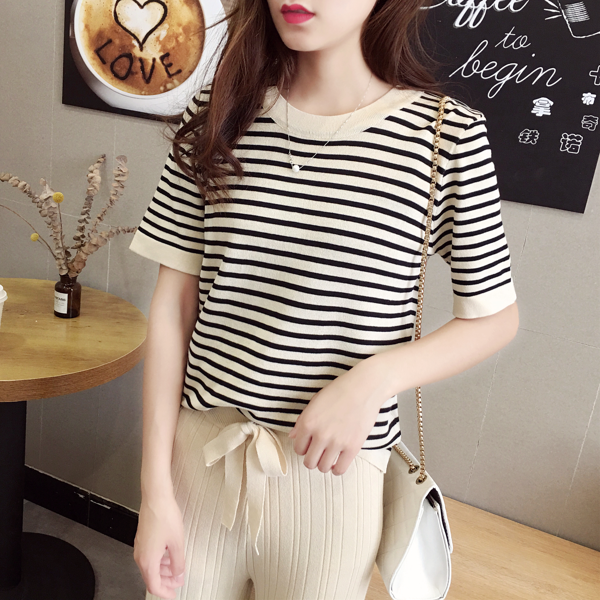 Women's spring and autumn new net red short sleeve stripe knitted top two pieces for leisure