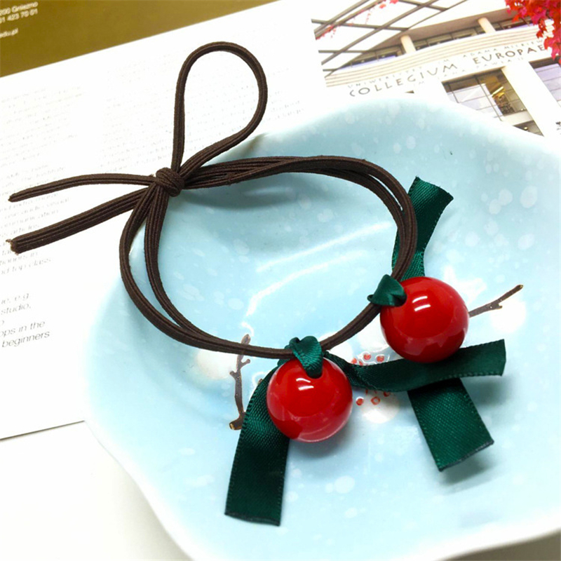 Korean version of red beads with bow tie hair ring tied hair rubber band handmade knot rope hair decoration