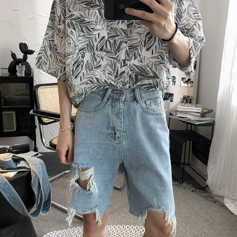 Hole jeans Korean Trend shorts summer loose thin 5-point pants trend