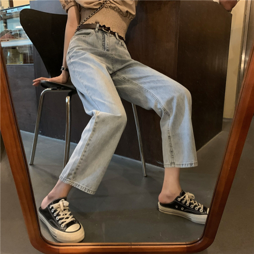 Korean high waisted SLIM STRAIGHT Pants Capris white washed old blue jeans