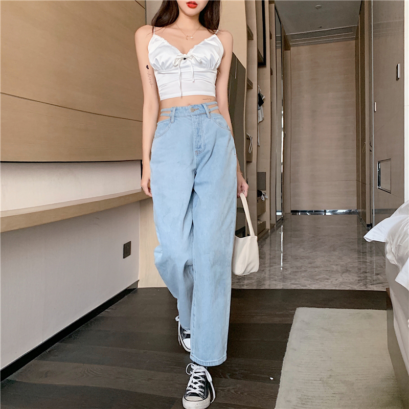 Real price! Hong Kong style high waist side hollow sexy all-around wide leg pants