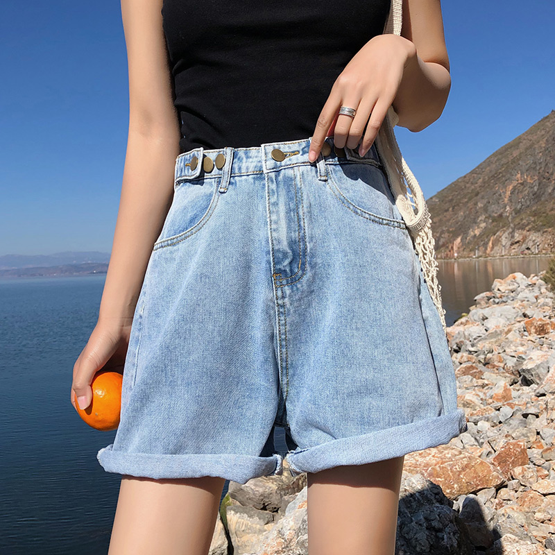 Denim shorts women's summer 2019 new Korean student high waist loose A-line wide leg net red perforated hot pants