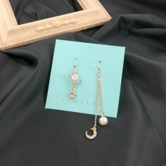 Korean fashion new Star Moon Earrings ins simple long Pearl Rhinestone Earrings