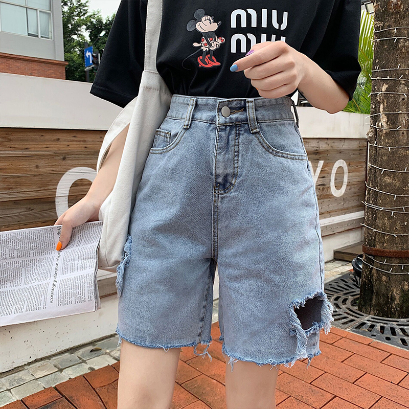 High waisted denim shorts, women's summer Korean version of Chinese pants, Hong Kong style, wide leg, straight tube, 5-point pants with holes