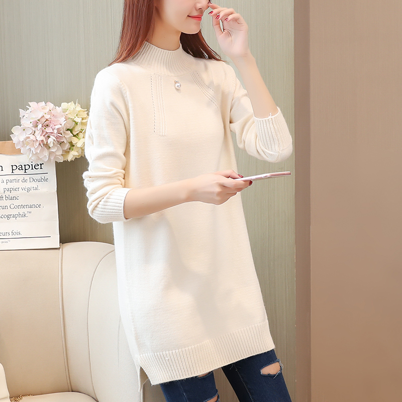 Autumn and winter medium long knitted pullover solid color women's thickened sweater winter loose long sleeve bottoming blouse