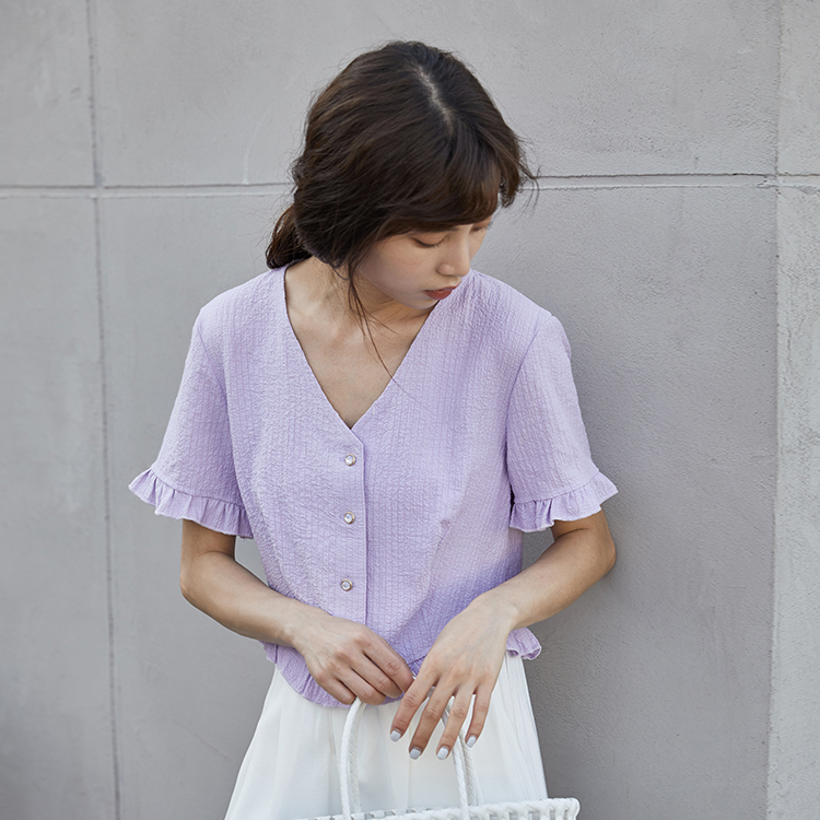 Real photo purple wood ear edge V-neck top summer girl little fresh Korean version versatile flare sleeve shirt