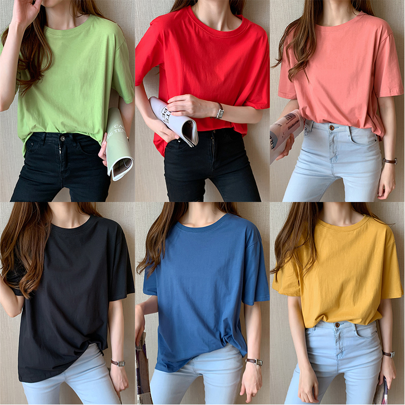 Real photo cotton all-around bottoming shirt 2020 summer Korean loose solid short sleeve T-shirt schoolgirl top 7079