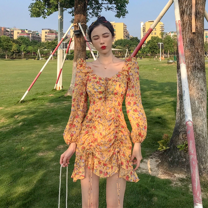 Actual Lotus Leaf Side Lace with High Waist and Slim Lantern Sleeve Fragmented Flower Dress Chiffon Beach Skirt Female Summer