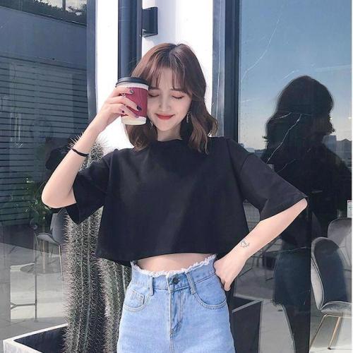 Summer new Korean white high waist loose short sleeve T-shirt women's short missing navel top fashion middle sleeve