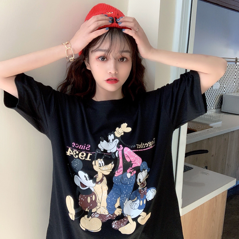 Actual photo: 6535 pull frame cotton short sleeve t-shirt female print medium long Mickey Mouse