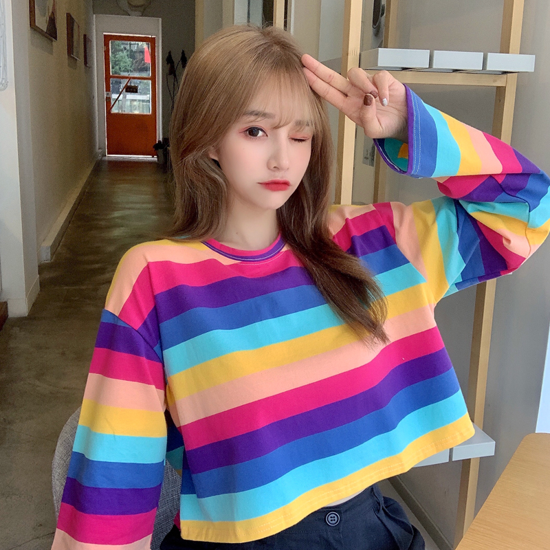 Real shot fish scale 7525 cotton Yafeng revealing navel short long sleeve sweater women Rainbow Stripe T-shirt