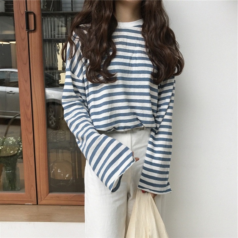 Official stripe large loose net red long sleeve T-shirt for women