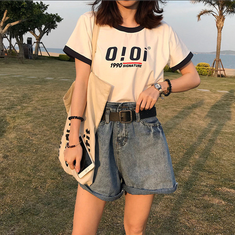 Official graphic letter color inserted short sleeve T-shirt for female summer Korean new loose student top for female
