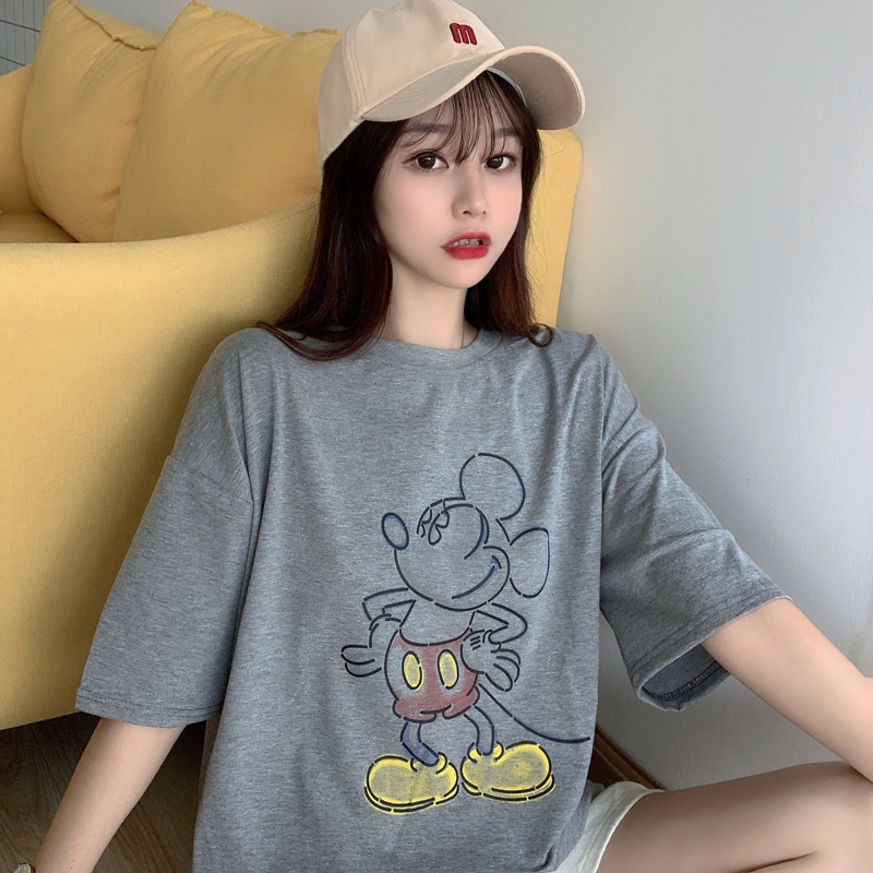 Actual photo: 6535 pull frame cotton short sleeve t-shirt female print medium long Mickey Mouse