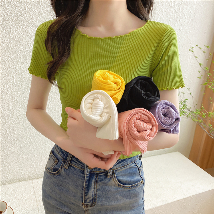 2020 summer new style fungus flower edge short sleeve ice silk knitting women's simple slim bottoming shirt