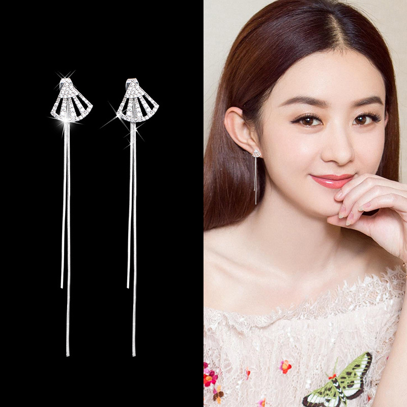 Korean version simple fan-shaped Pearl Earrings temperament long tassel Zircon Earrings earrings earrings jewelry