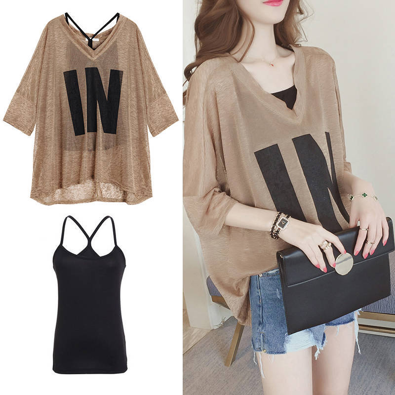 Single / suit summer short sleeve T-shirt loose oversized women's V-neck suspender top two piece suit slim Batman shirt