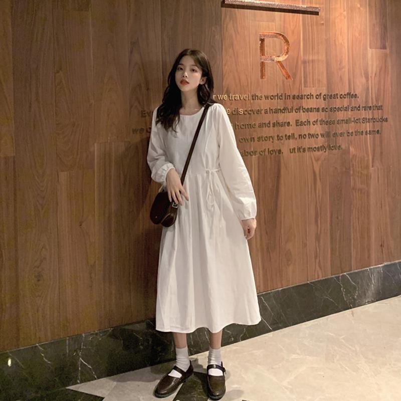 Korean style slim waist with bubble sleeve skirt A-line skirt long sleeve white dress for women autumn 2020