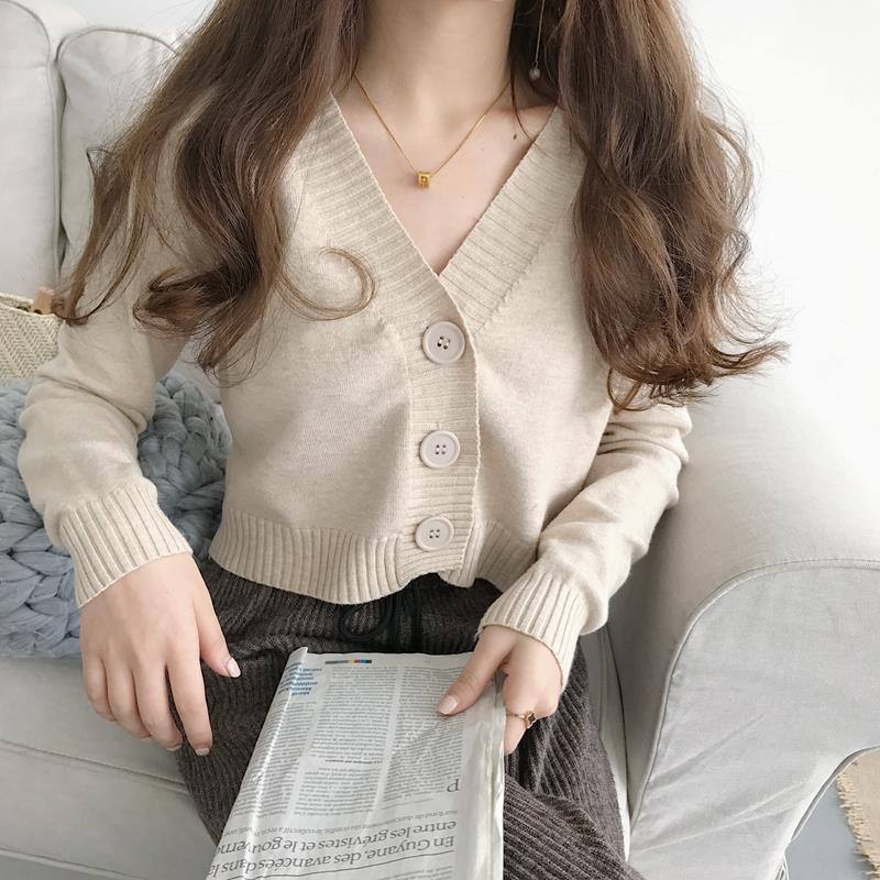 Hong Kong retro chicv neck high waist short T-shirt versatile solid color slim long sleeve sweater cardigan jacket