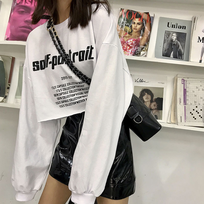 Autumn Korean women's new printed long sleeve T-shirt short T-shirt student wide Songyuan Sufeng BF top fashion