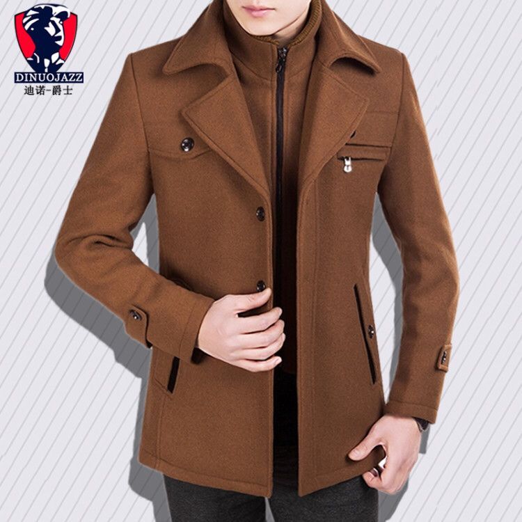 2020 New Style Men's autumn and winter coat men's medium long woolen jacket men's standing collar slim and cotton thickened coat