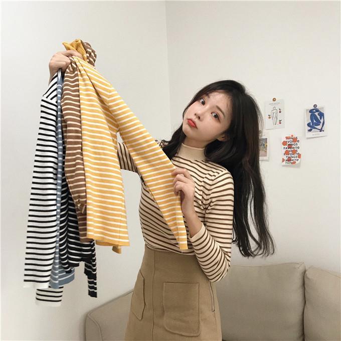 Half high collar striped T-shirt women's long sleeve autumn dress 2020 new slim looking Pullover Top
