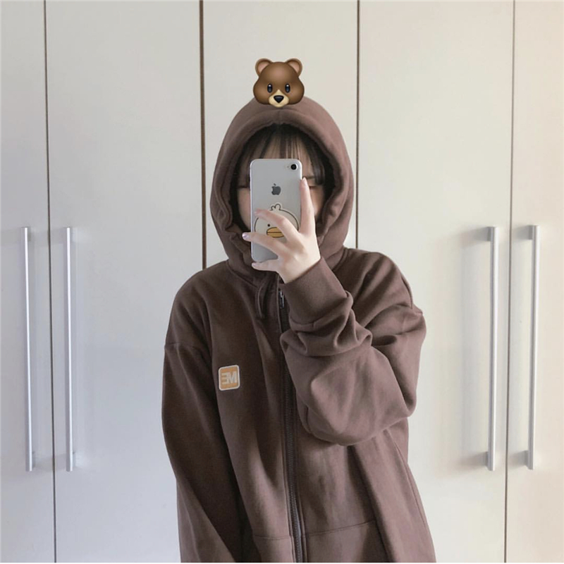 Protected retro Plush Korean ins embroidered letter me zipper sweater coat Hoodie College